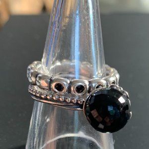 2 Pandora Rings, band has 5 black Stones, other,1 Black Rd Faceted Stone Size 8